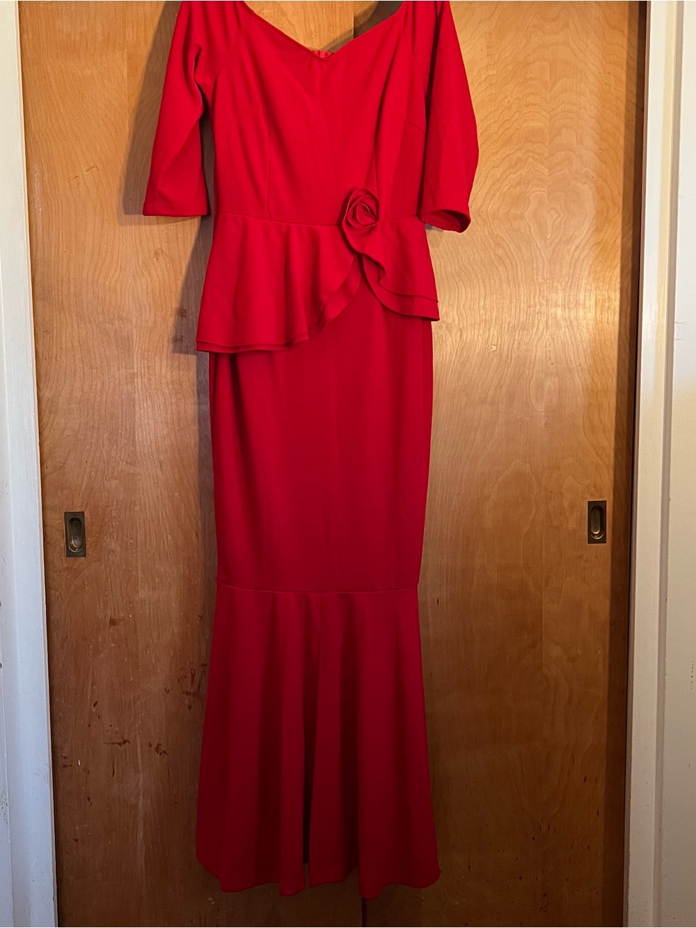 Classic Red Full Length Peplum Dress with Rosette Detail